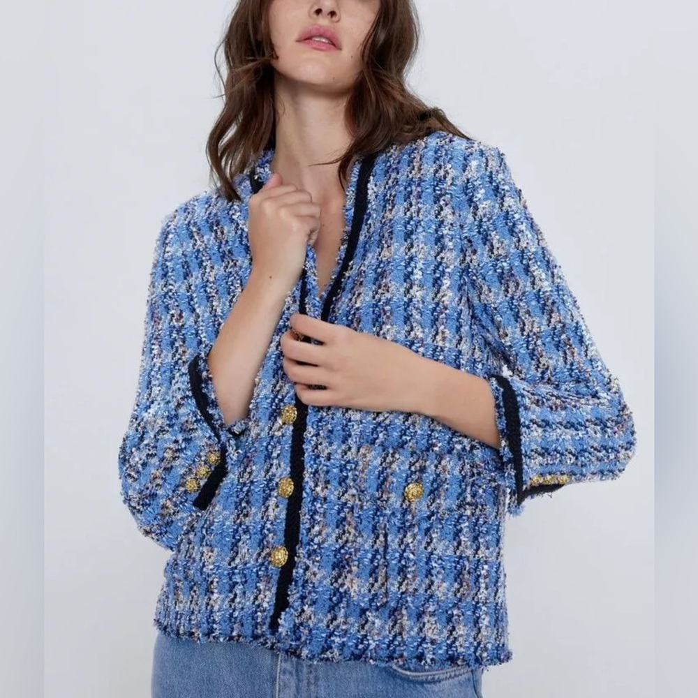 Zara Women's Blue Tweed Jacket size small